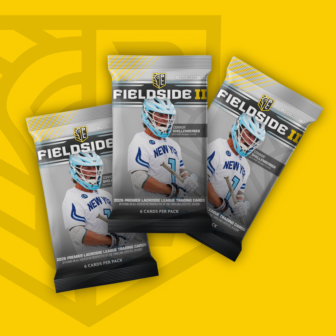 Three 'Fieldside II' trading card packs on a yellow background